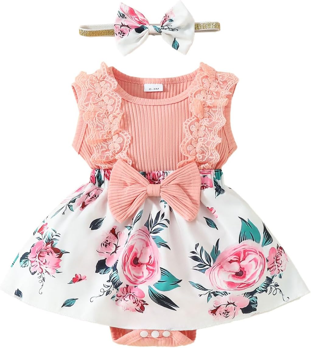 Thumbnail 6 de HEOXIN Babykleidung Kleid Mädchen – Spitzenkleid mit Druckknopf im Schritt, Stirnband & Schleife, 0–18 Monate
