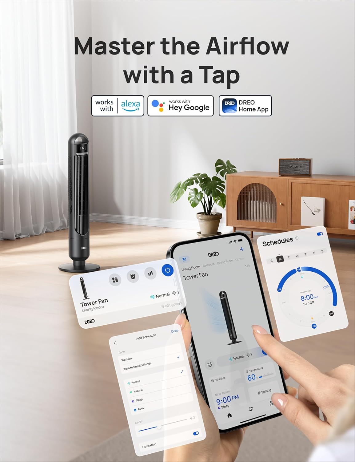 Thumbnail 1 de DREO Smart Tower Fan for Bedroom & Home – 26ft/s Airflow, 33ft Coverage, 12H App Timer