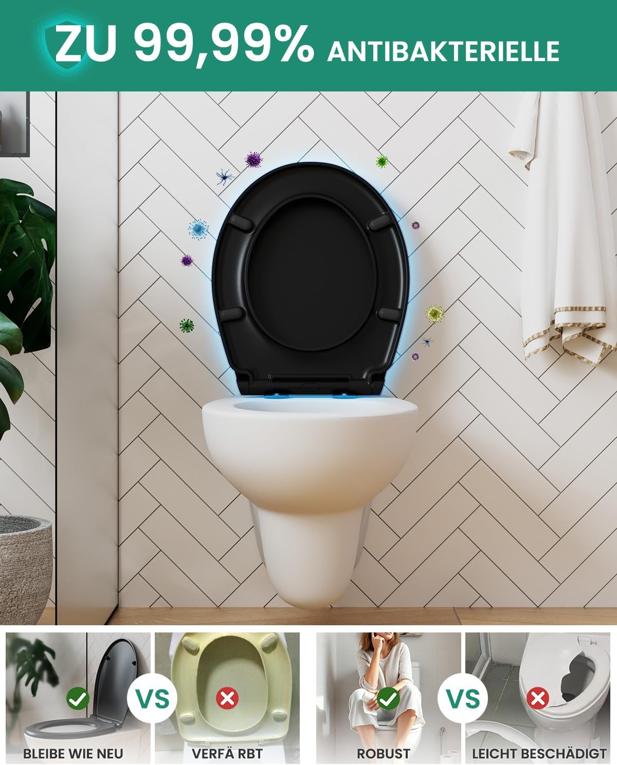 Thumbnail 2 de Anycee Toilettendeckel mit Absenkautomatik, Duroplast-WC-Sitz (antibakteriell, Quick-Release), universell, schwarz