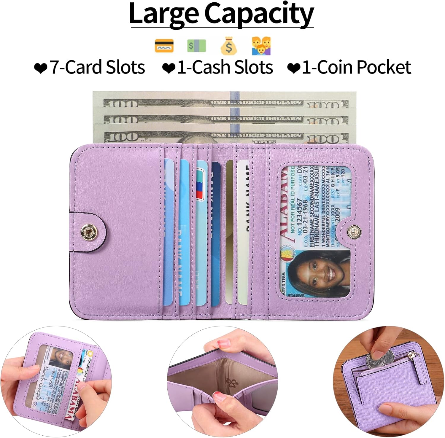 Thumbnail 1 de GAEKEAO Women's RFID Blocking Leather Compact Bi-fold Wallet with Zipper Coin Pocket
