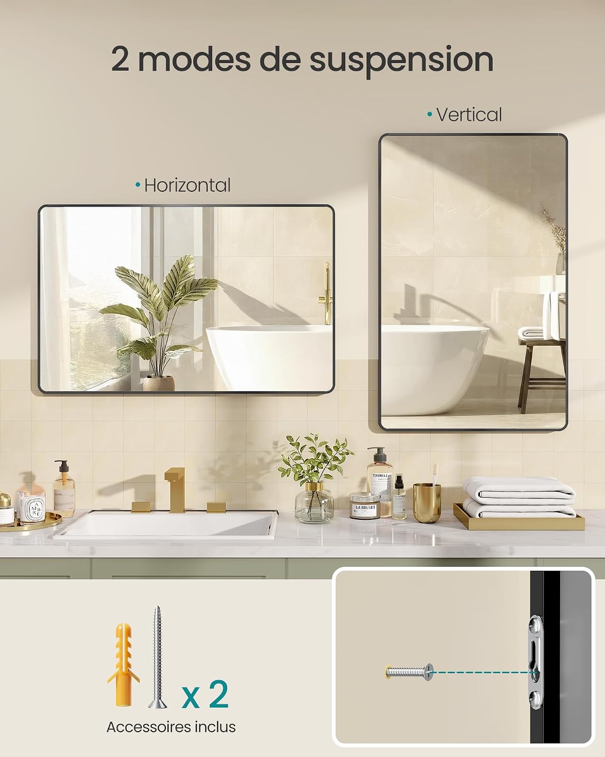 Detalle de SONGMICS Miroir Salle de Bain 110 x 70 cm – Cadre en aluminium, verre trempé, film de sécurité