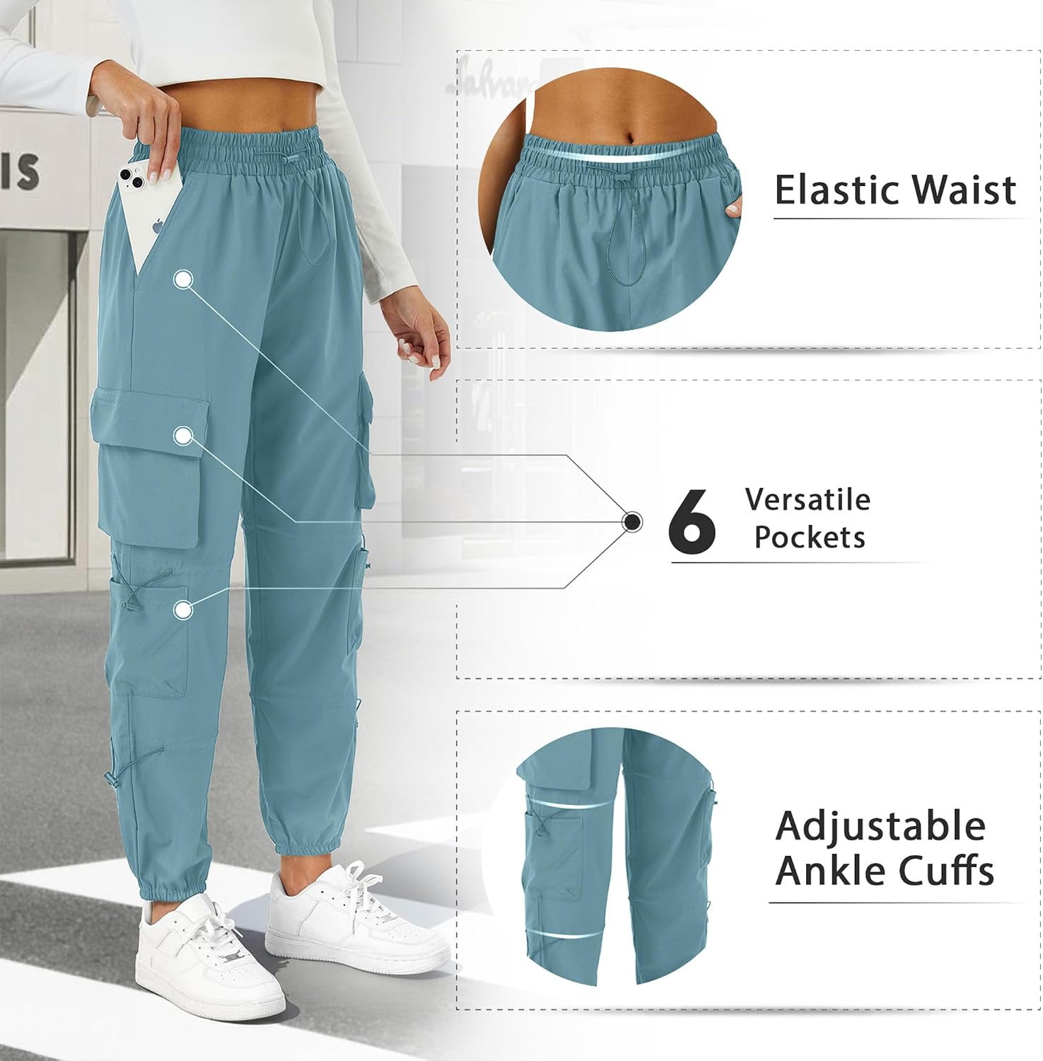 Detalle 2 de COPYLEAF Women's Parachute Cargo Hiking Pants, Quick-Dry, Water-Resistant, 6 Pockets
