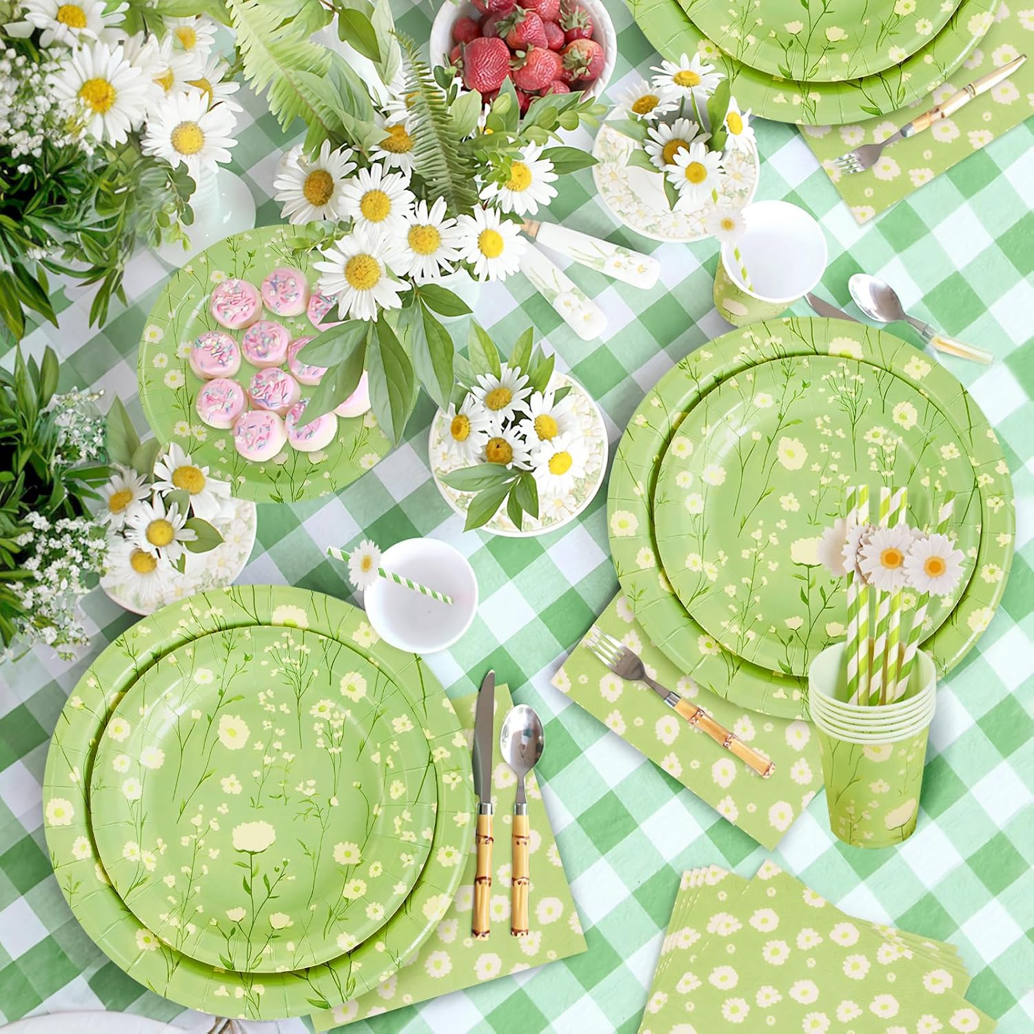 Detalle de SUNBEAUTY 80PCS Green Daisy Paper Plates and Napkins Set
