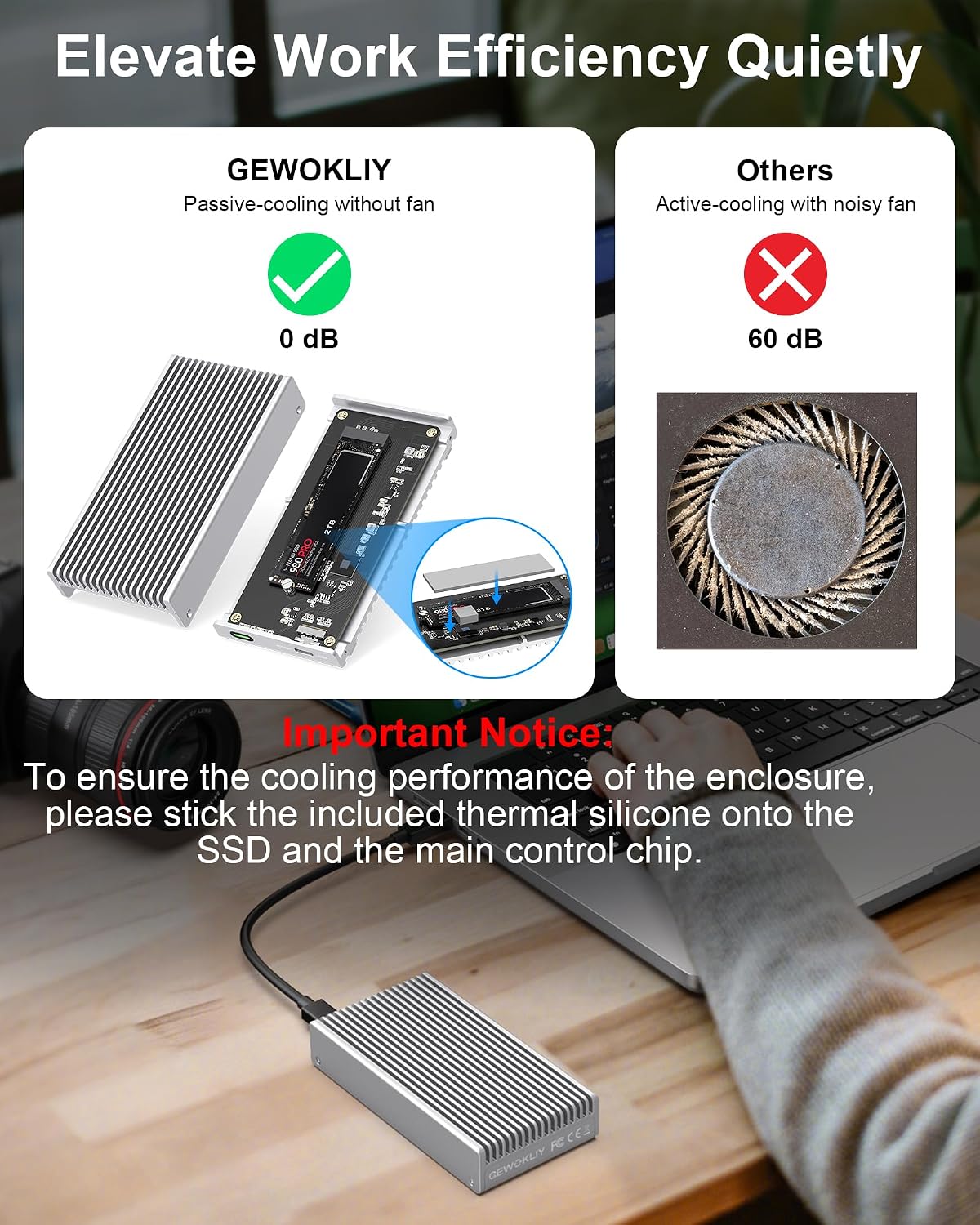 Detalle 2 de GEWOKLIY MC40-Silver: Geräuschloses 40 Gbit/s M.2 NVMe Gehäuse für Thunderbolt 4/3