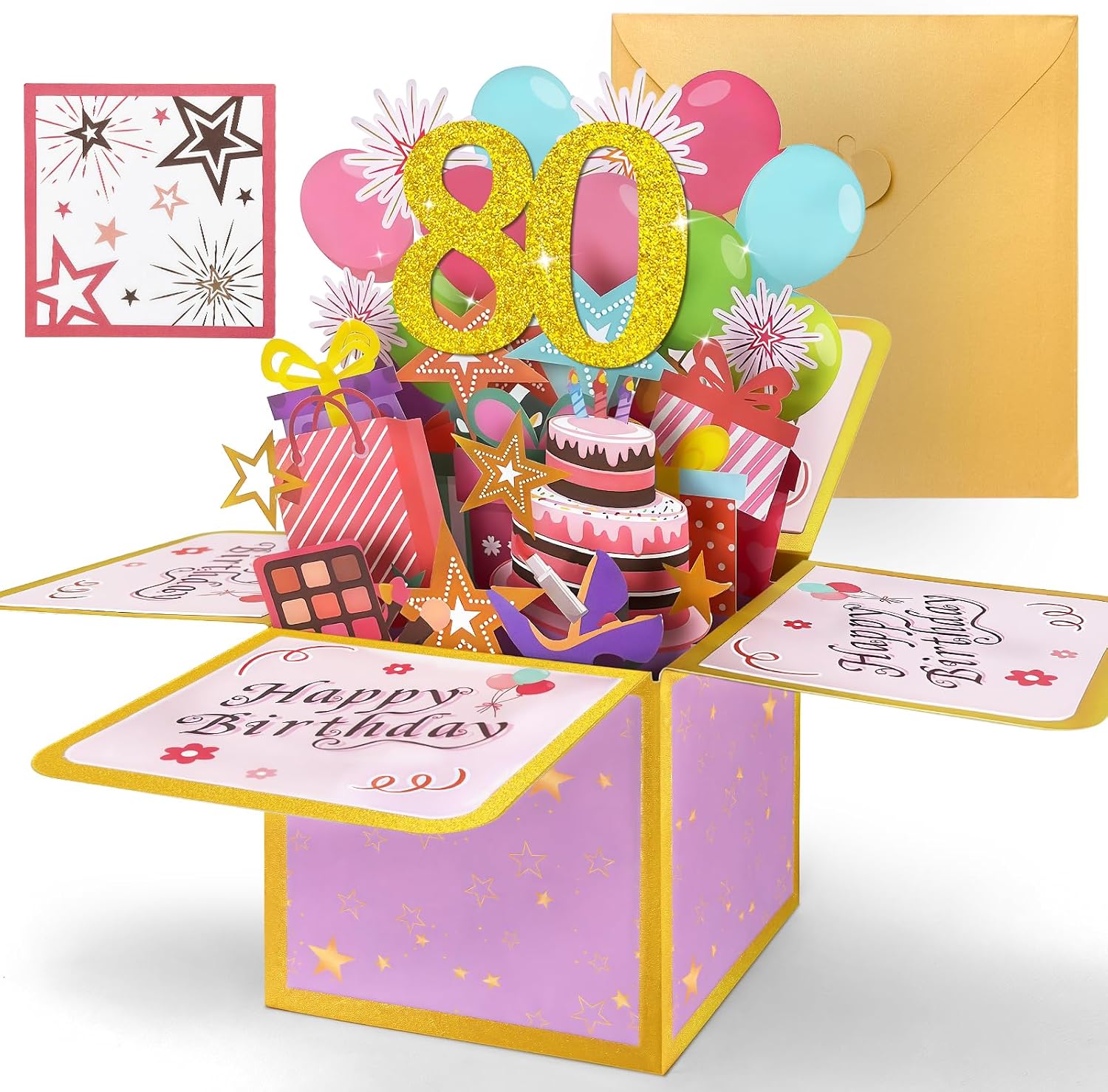 Detalle de Hierein 80th Birthday Card for Women – Pink Pop Up 3D Gift Box Card