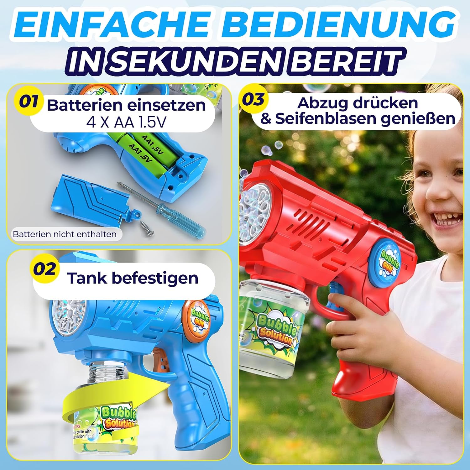 Detalle de Blubbel Seifenblasenpistole Set 2X: LED-Seifenblasenmaschine mit 100 ml Tank pro Pistole