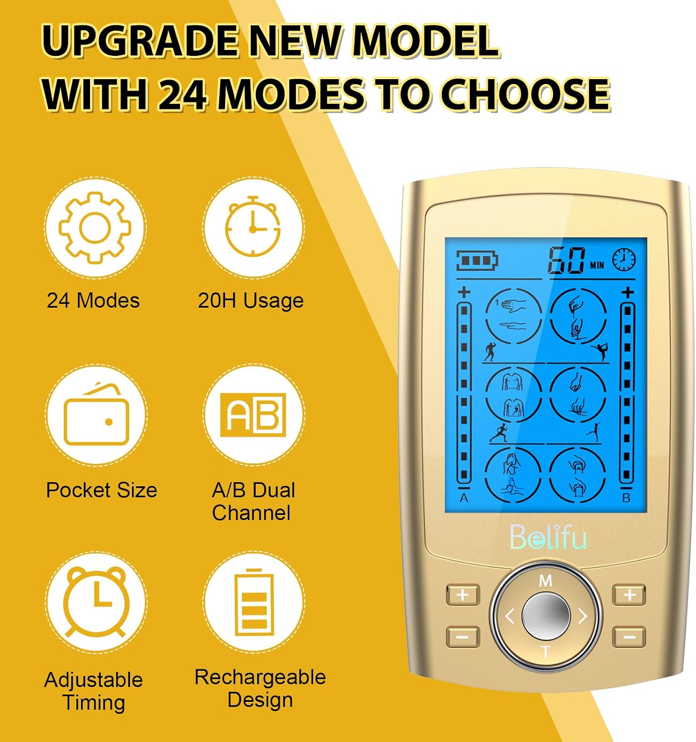 Thumbnail 2 de Belifu Dual Channel TENS EMS Unit: 24 Modes for At-Home Pain Relief