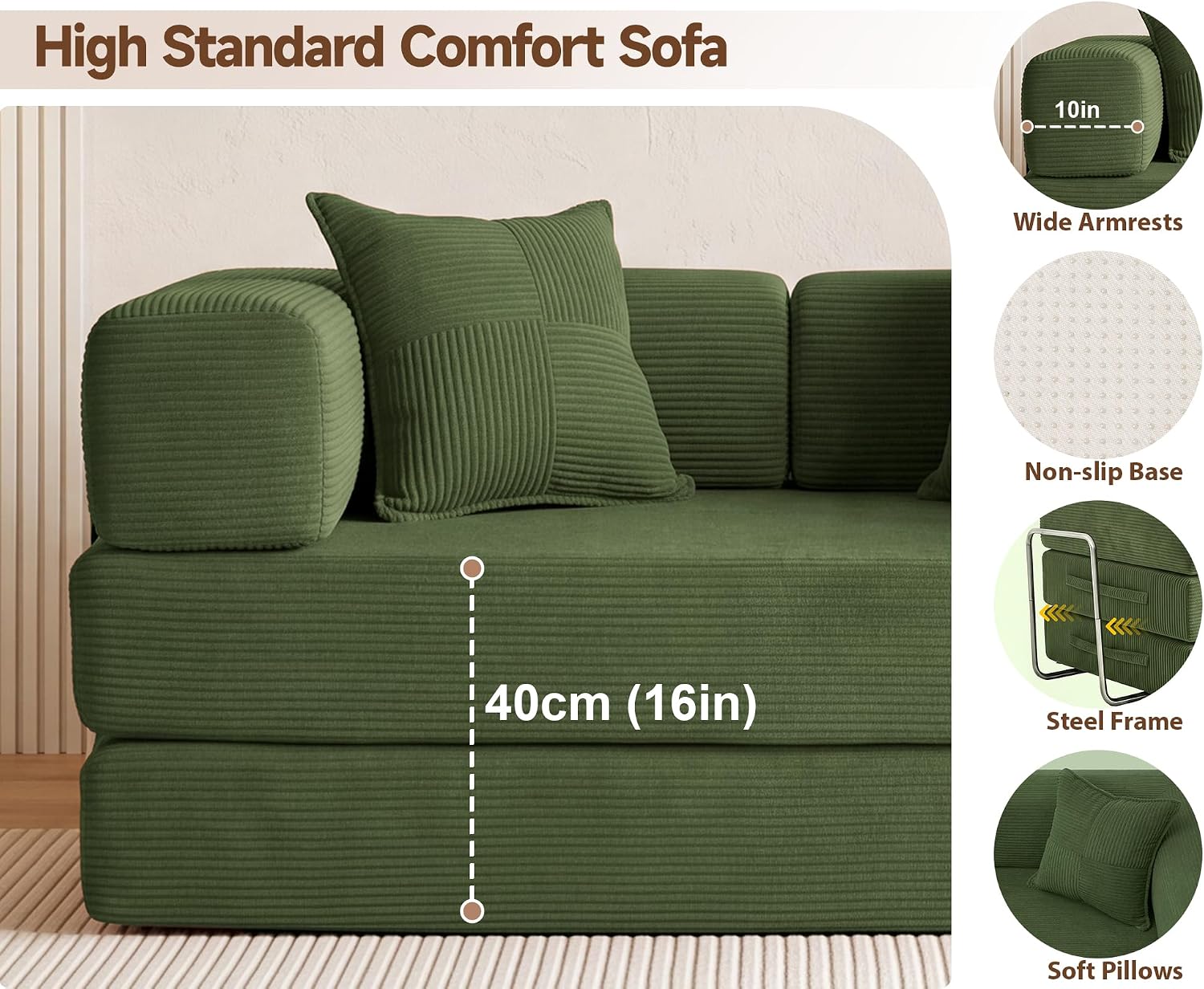 Thumbnail 6 de Dyonery CA-S61-CO-GN 5-in-1 Convertible Corduroy Sleeper Sofa, Green