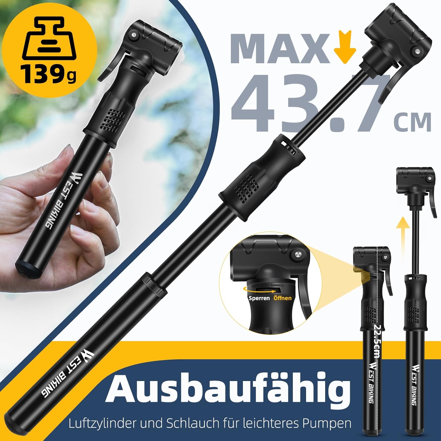 Thumbnail 1 de West Biking Mini Fahrradpumpe – Aluminium, 80–100 PSI, Dualventil, tragbar