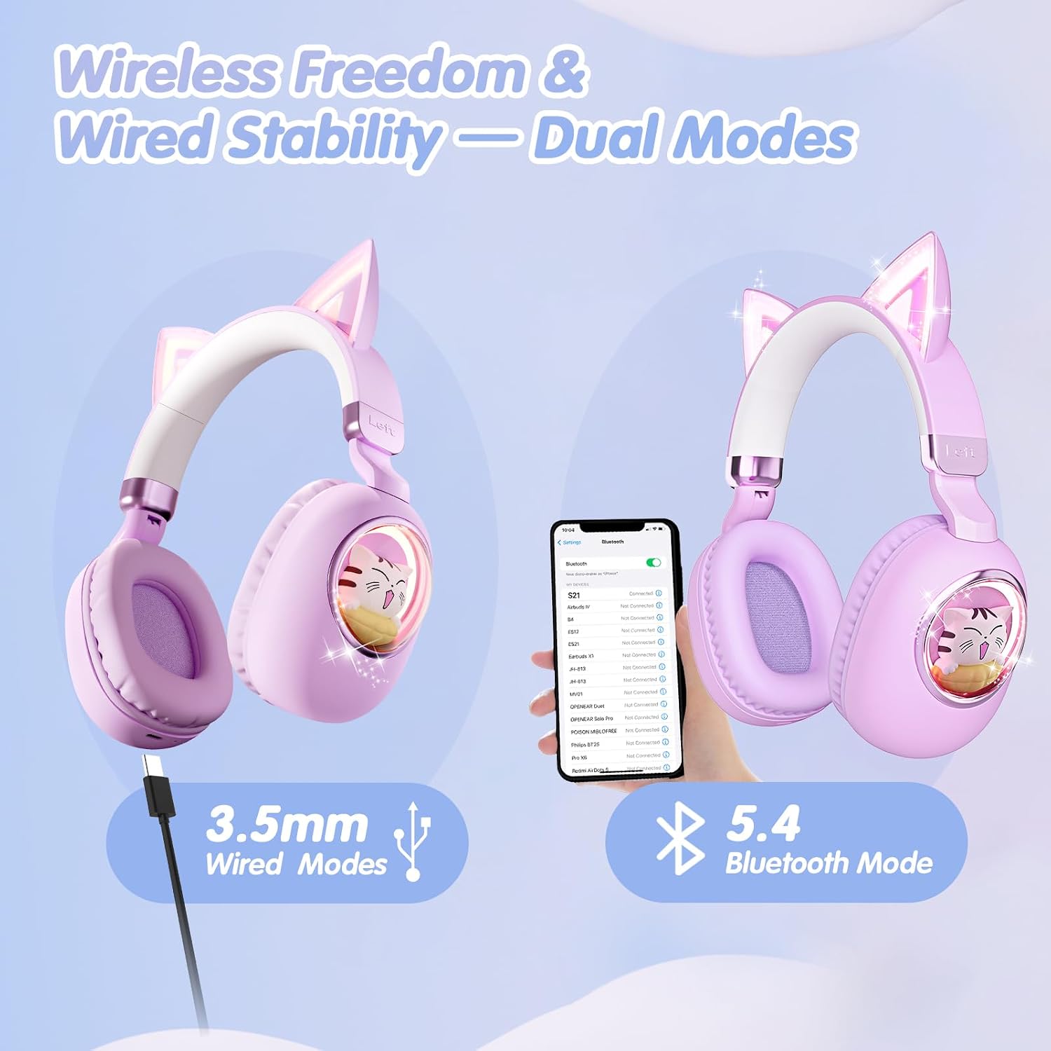 Detalle 2 de esonstyle Cat Ear Kids Headphones (Bluetooth 5.4) with 85dB Safe Volume Limit, Mic + Wired 3.5mm/USB-C