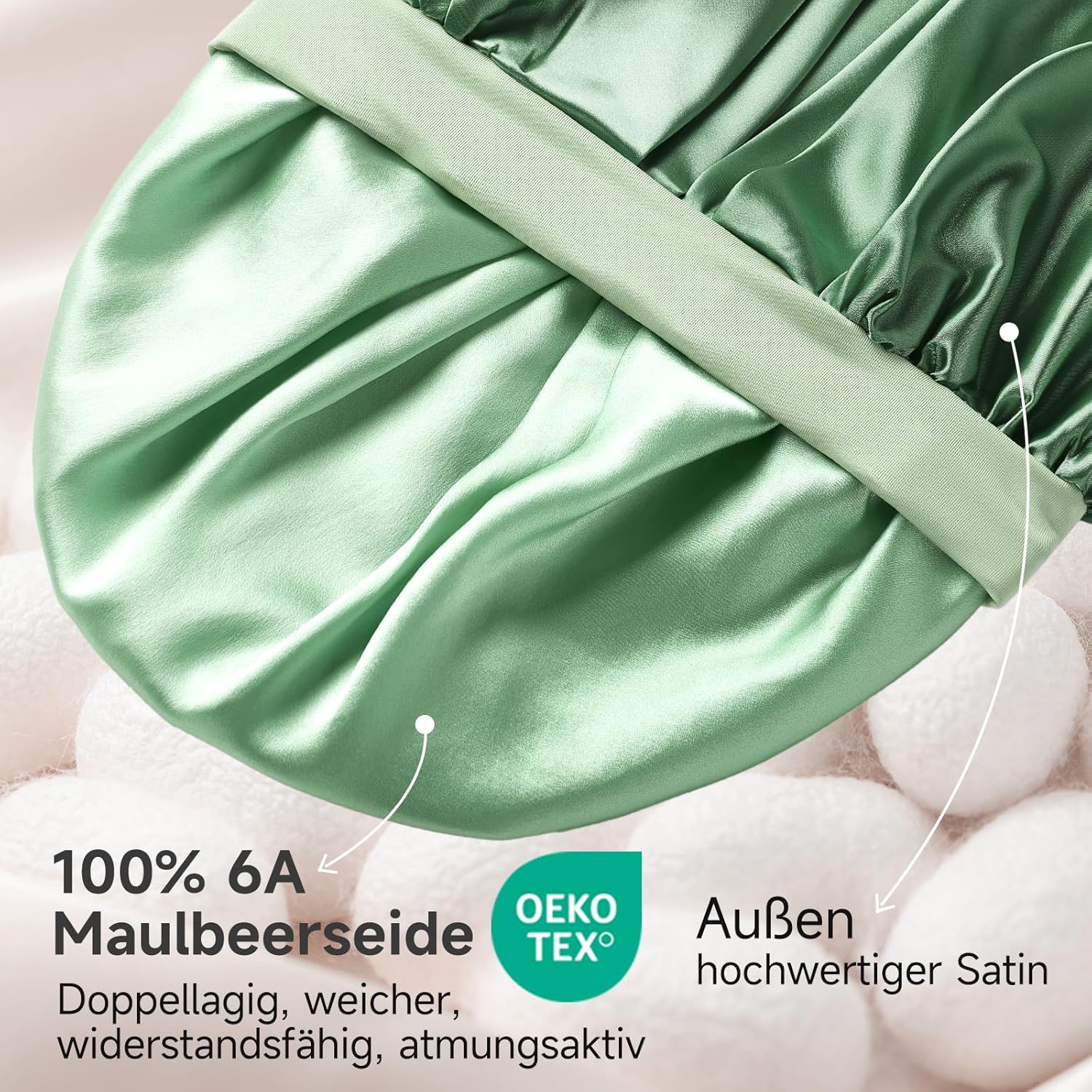 Detalle de Umisleep 22 Momme Schlafhaube aus Maulbeerseide (Doppelschicht) – verstellbar, rutschfest & Haarschutz für langes Haar