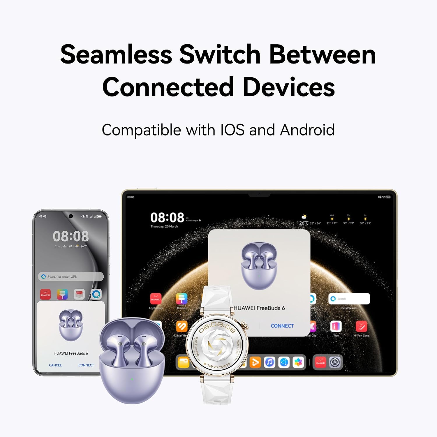 Thumbnail 6 de HUAWEI FreeBuds 6 Wireless Earbuds (Purple) with open-fit ANC and dual-driver true sound