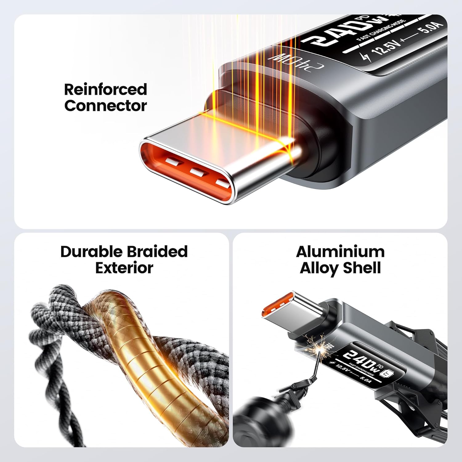 Detalle de toocki 240W USB‑C auf USB‑C Kabel mit OLED Display – 2 m, PD3.1/QC3.1, Nylon (Vielseitiges Schnellladekabel)