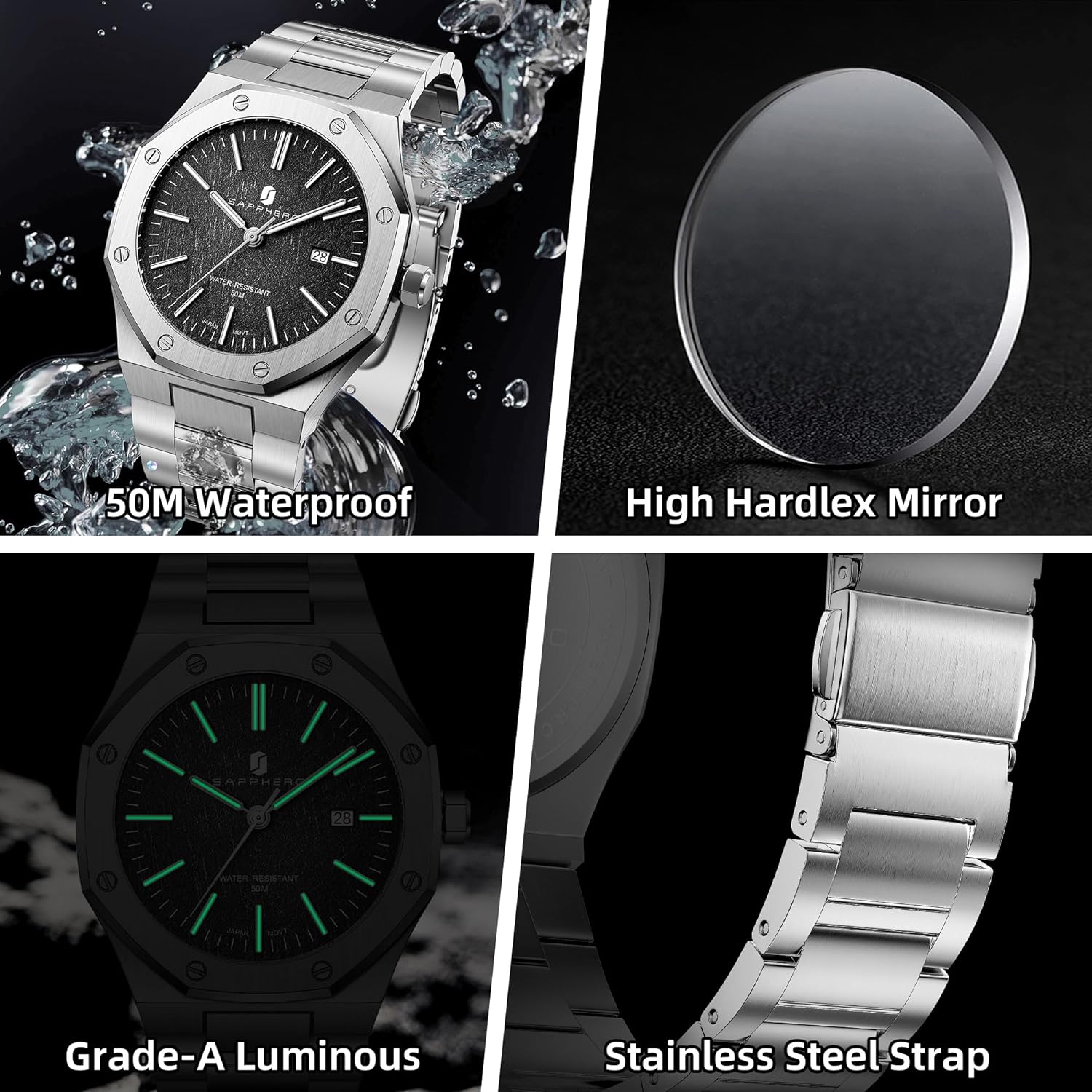 Thumbnail 4 de SAPPHERO Orologio Uomo Impermeabile 50M al Quarzo Argento con Cinturino in Acciaio e Calendario Nero/Blu