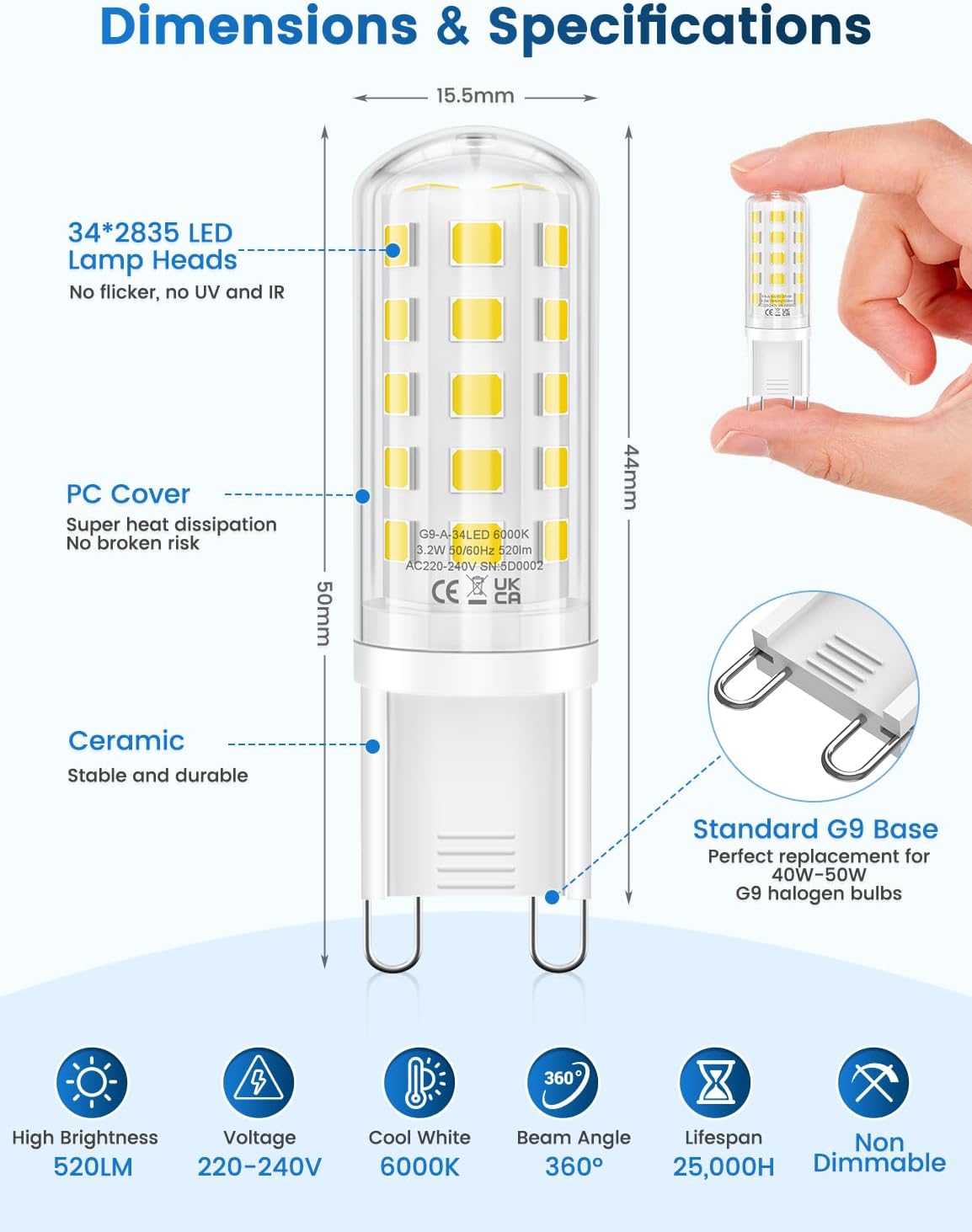 Thumbnail 3 de QOJUX 3.2W G9 LED Bulbs Cool White (6000K) – 10 Pack, No Flicker, Non-Dimmable