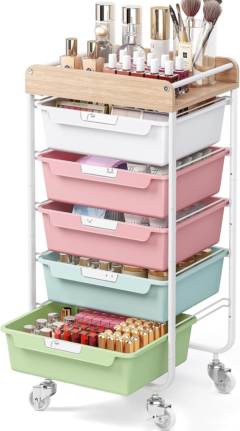 Detalle de SYKIARIOL 1431+1233+1432 Utility Cart with 5 Colorful Drawers and Wood Top