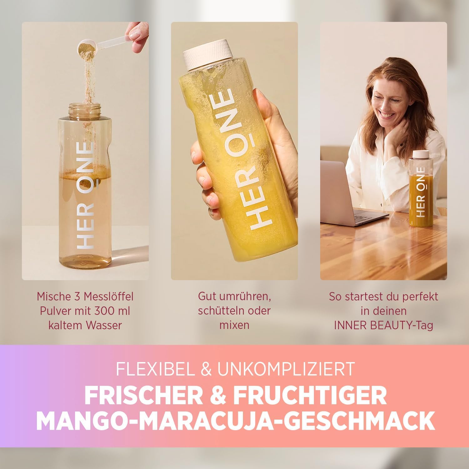Detalle 2 de HER ONE INNER BEAUTY All in One Mango-Maracuja – Multivitamin & Mineralien für Frauen, 30 Portionen