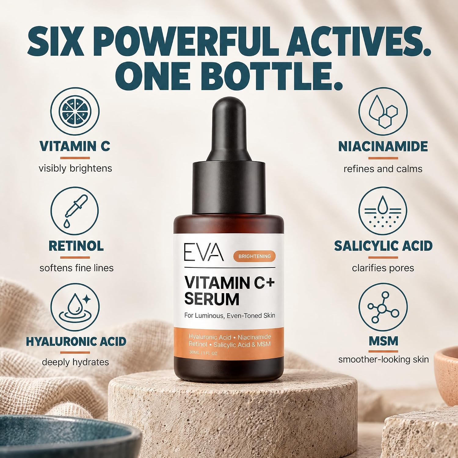 Detalle de Eva Naturals Vitamin C Serum for Face (Retinol, Hyaluronic Acid, Niacinamide & Salicylic Acid) – 1 fl oz