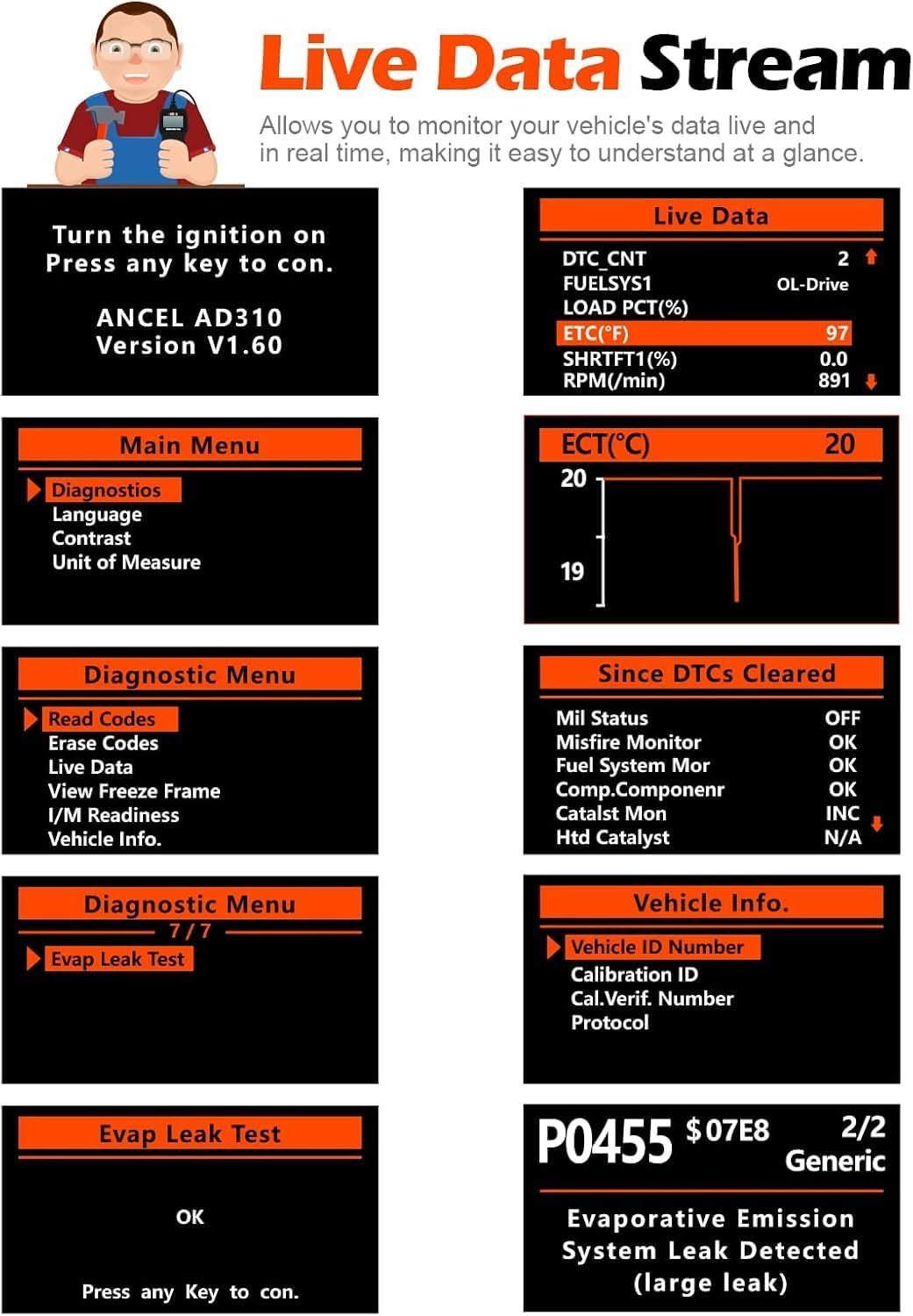 Thumbnail 3 de AN CEL AD310 OBD2 Code Reader: Reliable Engine Diagnostics for Most Vehicles Since 1996