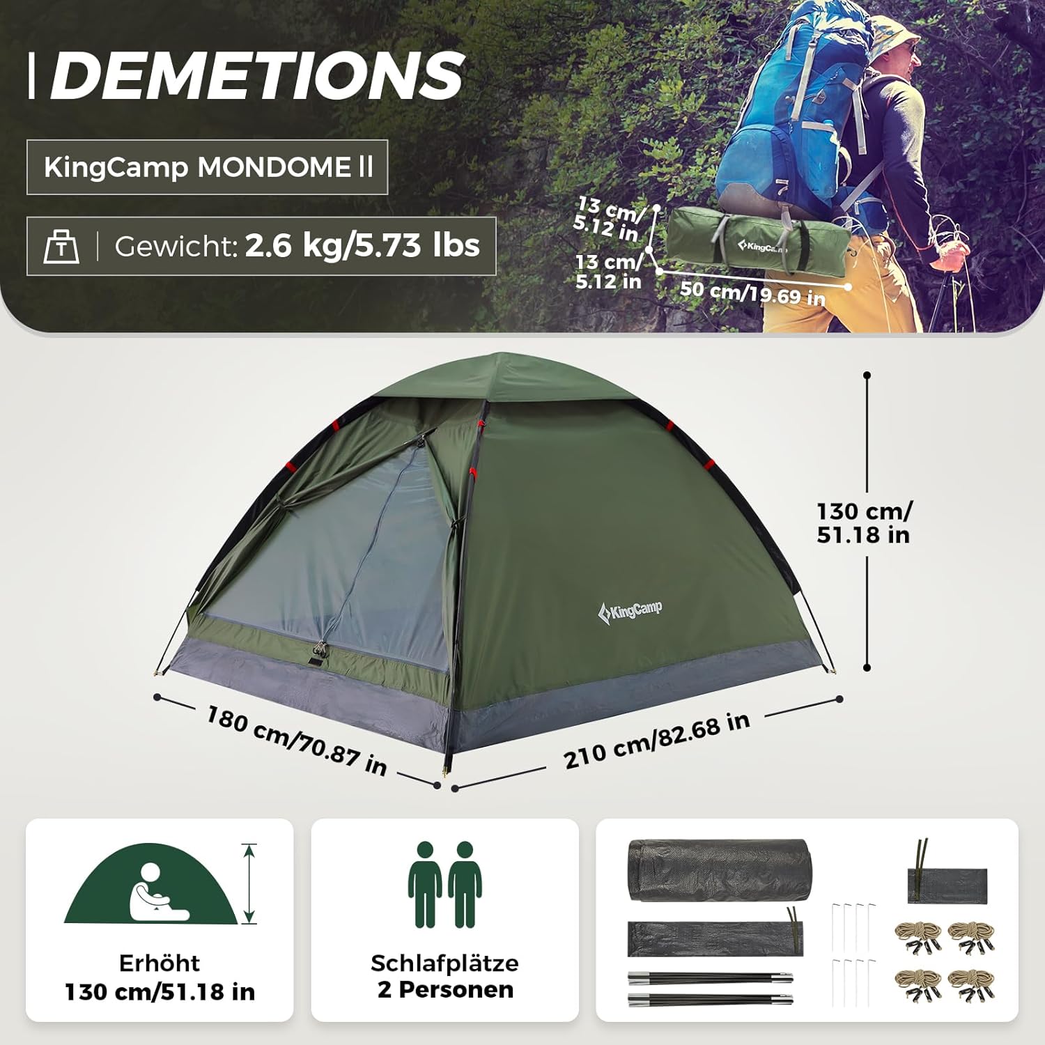 Detalle de KingCamp 2-3 Personen Zelt – Wasserdicht 3000 mm, Ultraleicht & Großes Überdach, ideal für Wanderer, Festivals & Wochenendausflüge