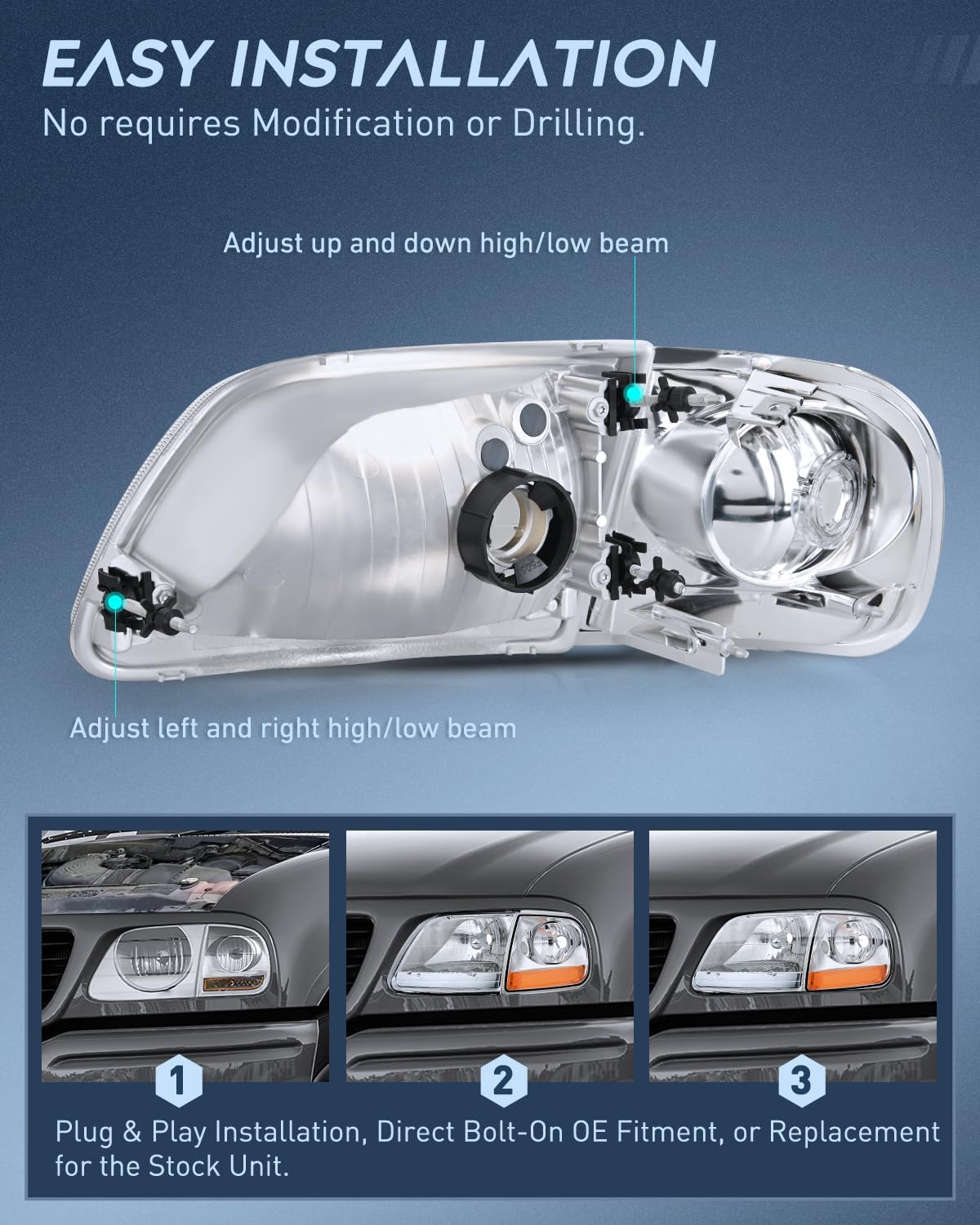 Detalle 2 de Nilight Headlight Assembly for 1997–2003 Ford F-150 (Chrome Housing, Amber Reflector)