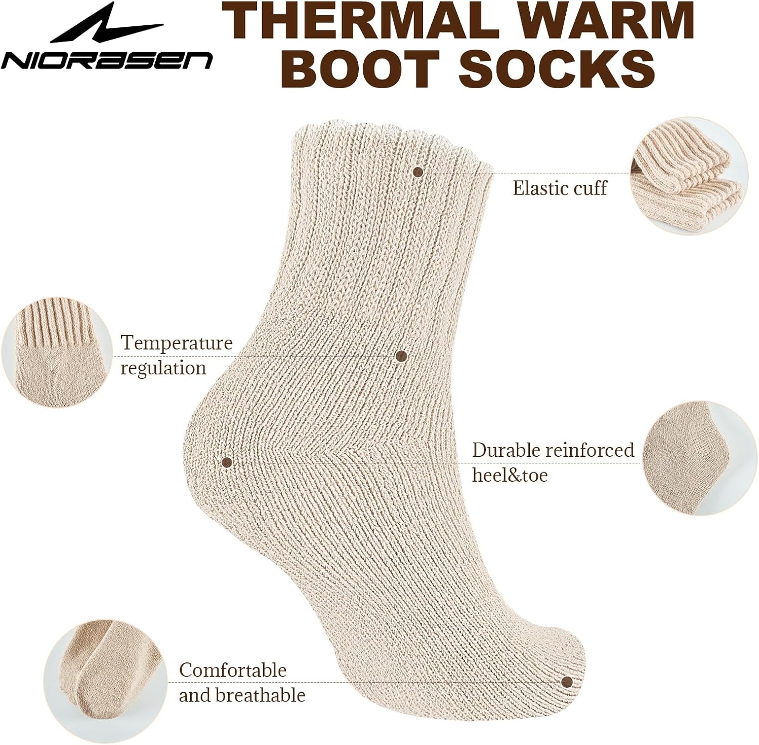 Detalle de Niorasen Thermal Socks for Women – 3 Pairs Ultra-Soft Wool Winter Socks