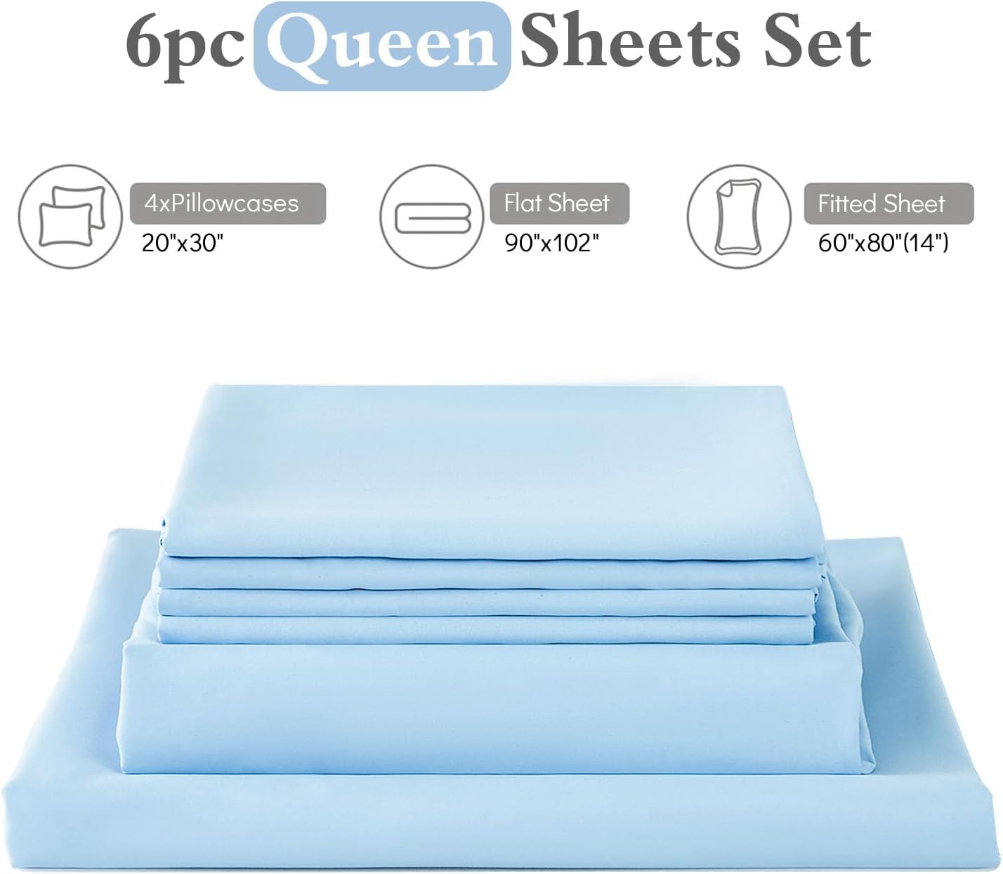 Thumbnail 6 de ILAVANDE 6-Piece Queen Sheet Set, Baby Blue Microfiber, 14-Inch Deep Pocket