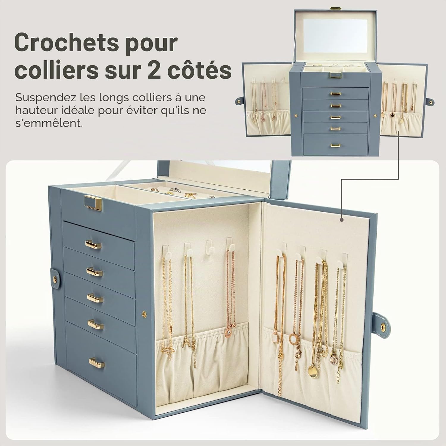 Detalle 2 de KAMIER Boîte à bijoux pour femme – grande boîte de rangement à 6 couches avec miroir et 5 tiroirs, bleu-gris