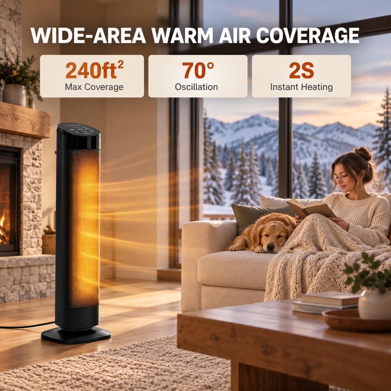 Detalle de Hykolity 24-Inch Space Heater, 1500W PTC Ceramic, ECO Thermostat, 4 Modes