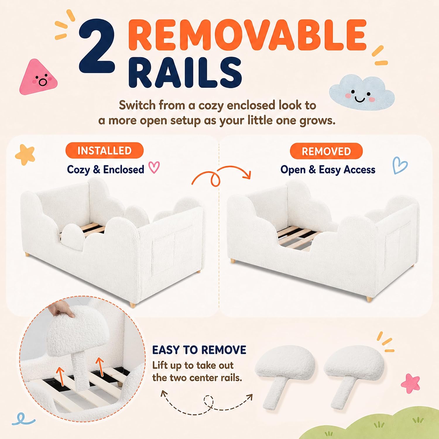 Thumbnail 5 de Ancelny Toddler Floor Bed with Removable Rails, Cozy Upholstery and Two Setup Options