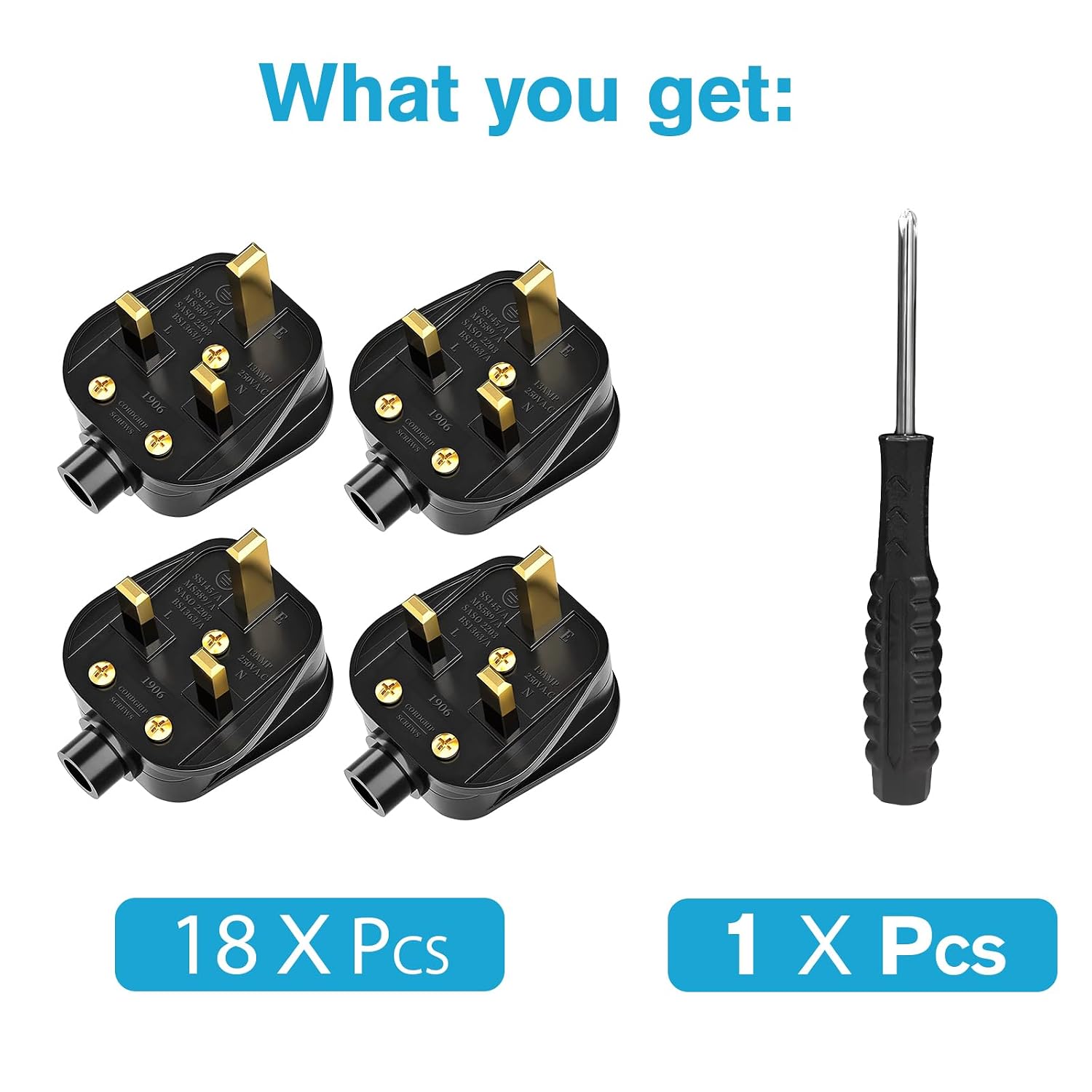 Detalle 1 de 18 Pack Rubber Composite 13A Fused 3-Pin UK Mains Plugs with Cord Grip (Rewireable) – Black