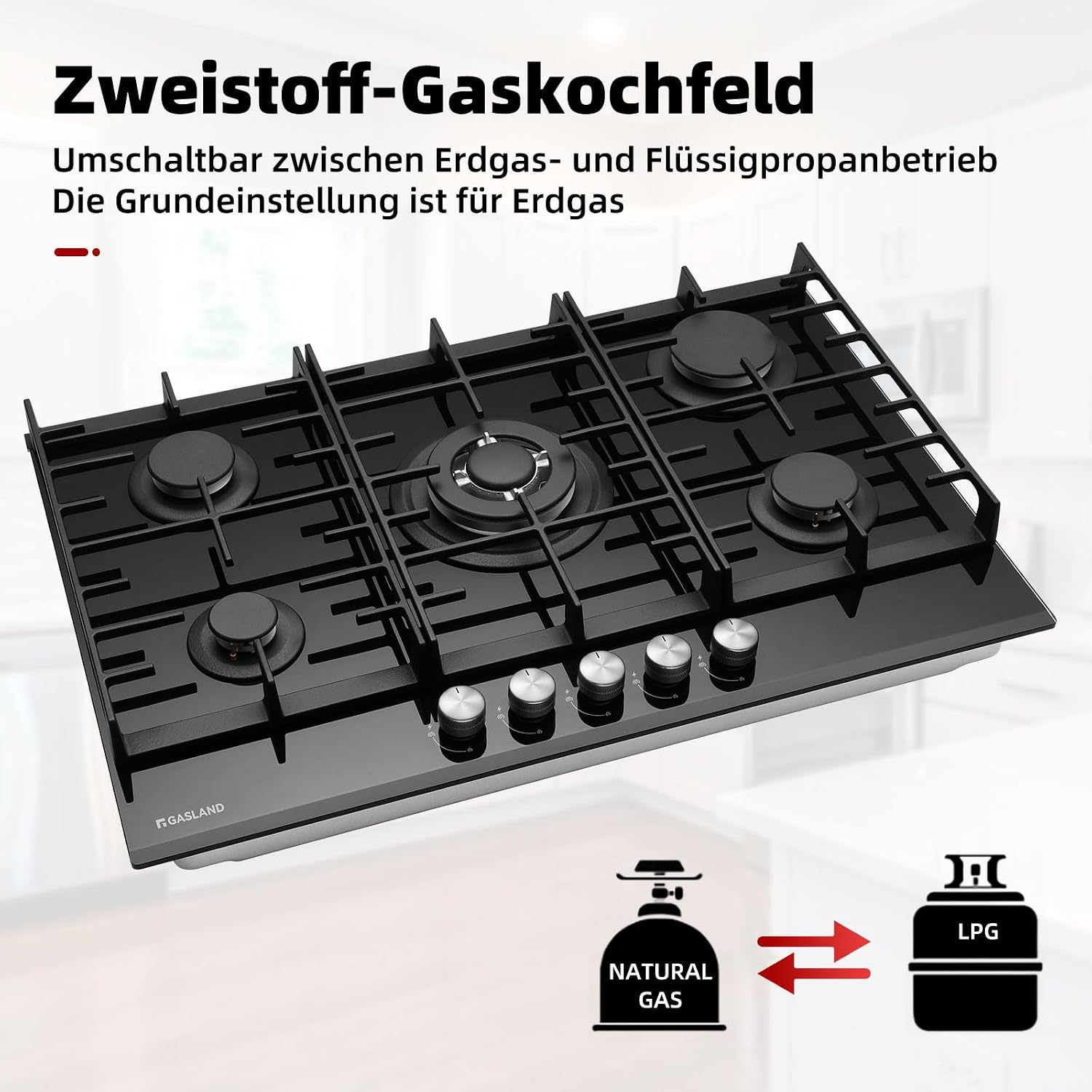 Detalle de GASLAND GH2805BG1FC 76 cm Glas Gaskochfeld mit 5 Flammen und Wok-Brenner