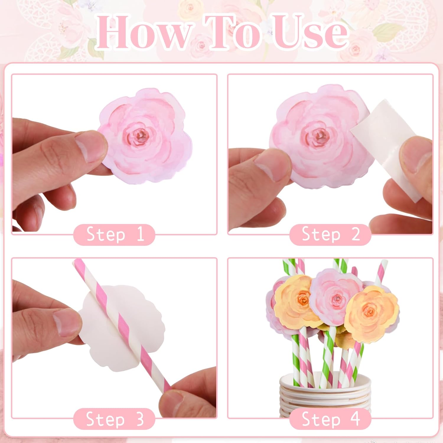 Detalle de SUNBEAUTY 80pcs Afternoon Tea Decorations – Floral Plates, Straws, Napkins & Bow Cups