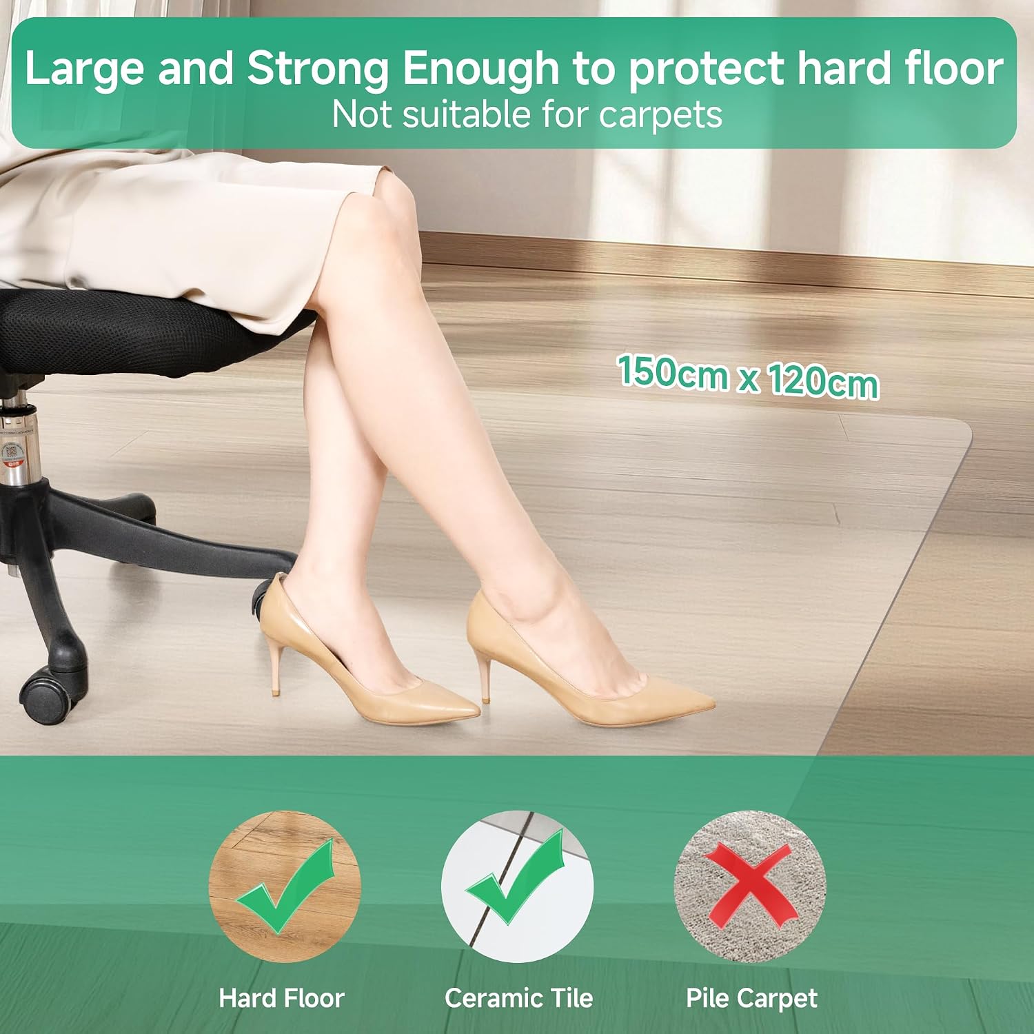 Thumbnail 4 de NATRKE Clear Office Chair Mat for Hard Floors, Large Transparent PVC Chair Floor Protector (120 x 150 cm)