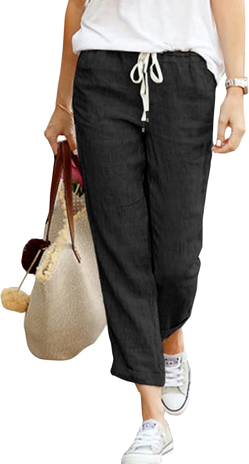 Detalle de Hose Damen Leinen-Sommerhose 7/8 Casual – leichte Baumwolle-Leinenhose mit Taschen