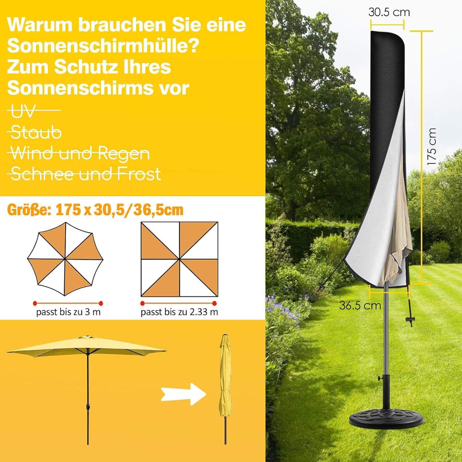 Detalle de Reinalin Sonnenschirm Schutzhülle mit Stab – 175×30,5/36,5 cm, wasserdicht, wind- und schneesicher