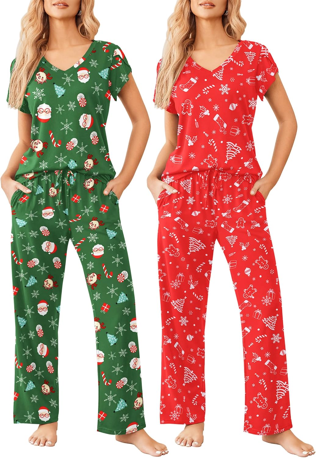 Detalle de Ekouaer 2-Pack Women's Pajama Sets, Short-Sleeve V-Neck Tops and Pocket Pants