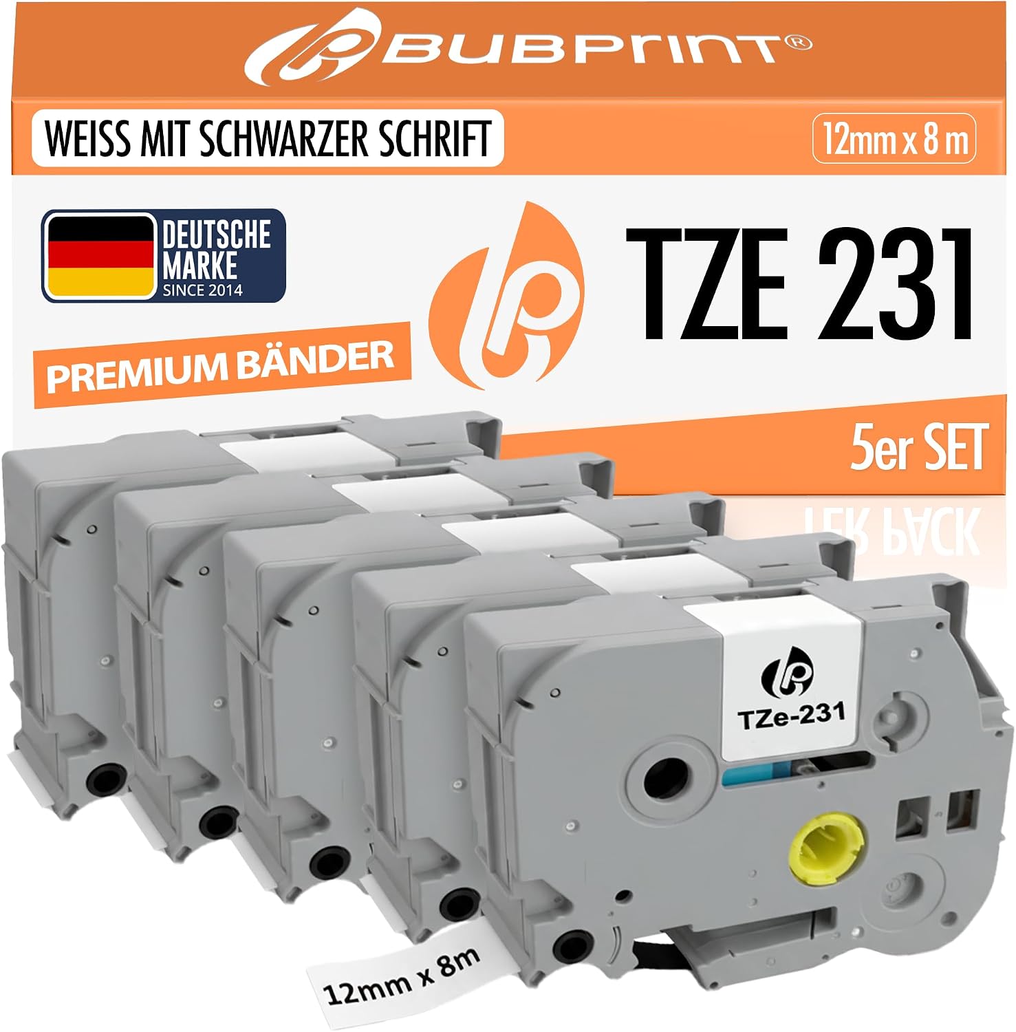 Detalle de Bubprint TZE231 labeltape, 12 mm, zwart op wit en gelamineerd