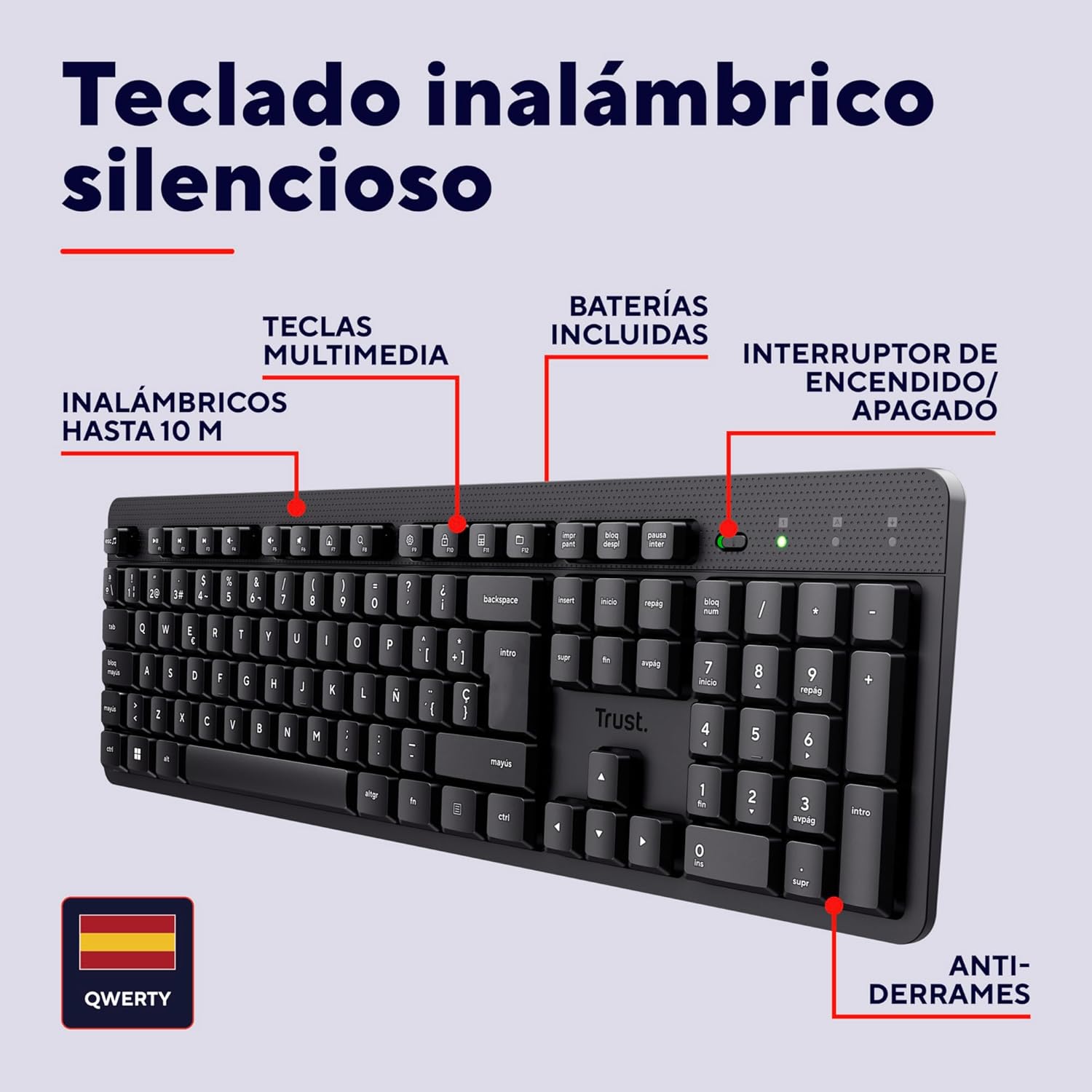 Thumbnail 2 de Trust ODY II Teclado Inalámbrico Silencioso QWERTY Español, Teclas de Perfil Bajo, Resistente a los Vertidos, Microrreceptor USB 2.4GHz, Wireless Keyboard para Windows Mac PC Ordenador Portátil
