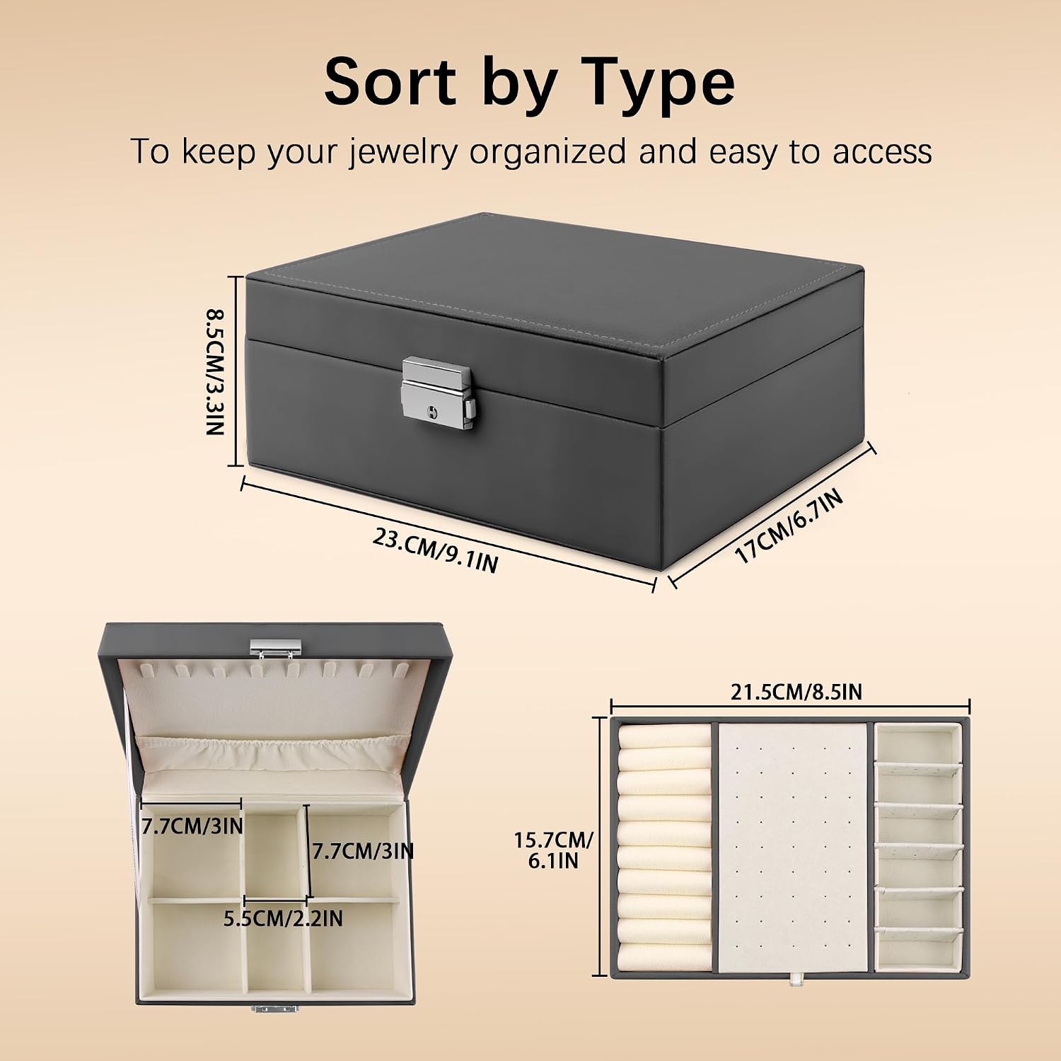 Detalle de Homeanda Jewellery Box with Lock: 2‑Layer Leather organiser for necklaces, bracelets and more