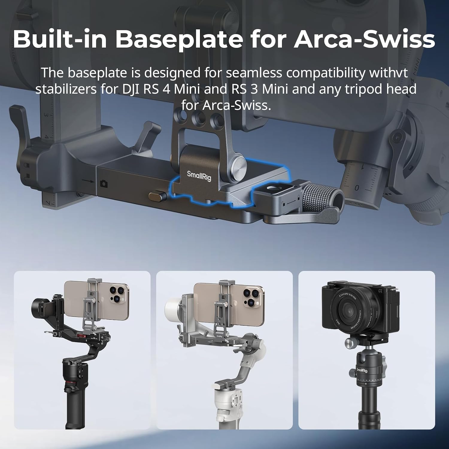 Detalle 2 de SMALLRIG Metall-Handyhalterung mit Grundplatte für arca-Swiss – kompatibel mit DJI RS 4 Mini & RS 3 Mini
