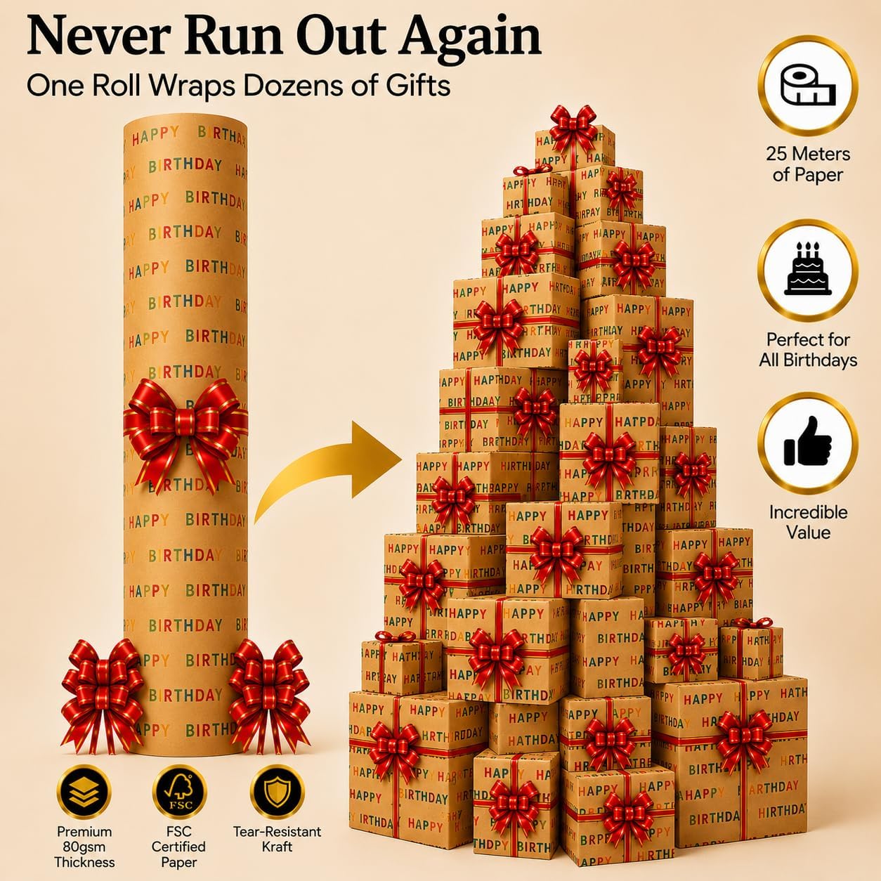 Detalle de HURUC Happy Birthday Wrapping Paper Roll 43cm x 25m with 5 Red Pull Bows