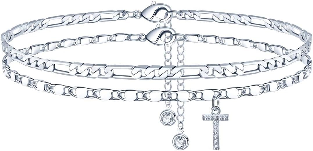Detalle de TINGN Bracelet de cheville pour femme plaqué or 14 carats avec initiales CZ - chaîne double et réglable
