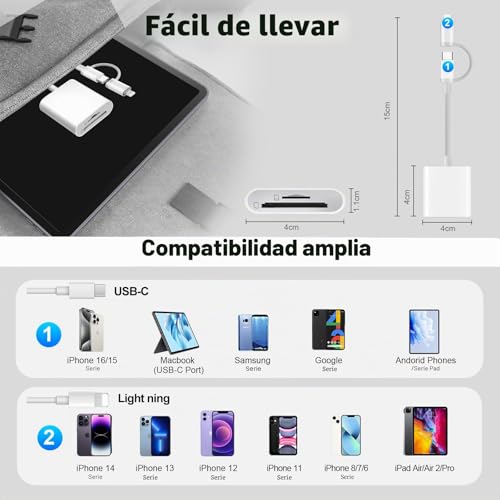 Detalle de Lector SD USB‑C y Lightning de Ticenpe (Apple MFi) para iPhone/iPad, Mac y más