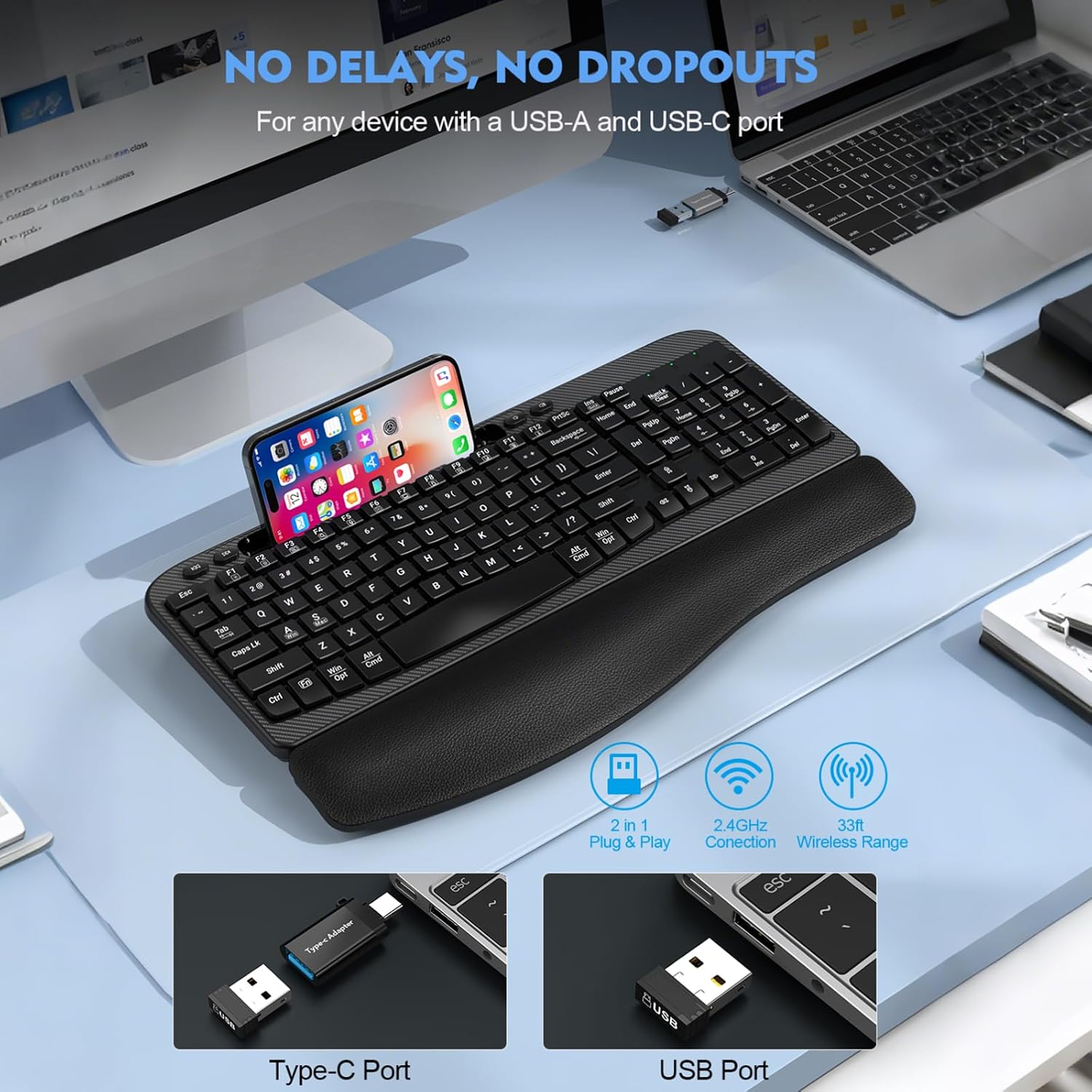 Thumbnail 4 de Ergonomic Wireless Keyboard 2.4GHz Wave Keys