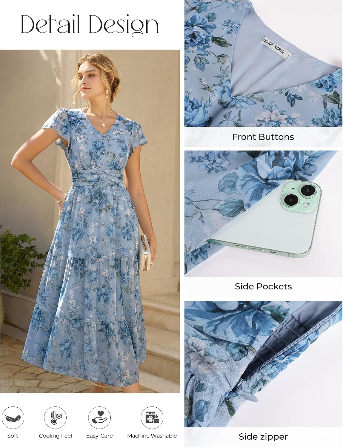 Detalle de GRACE KARIN 2026 Women's Summer Maxi Dress with Floral Print, V-Neck, Pockets, and Side Zipper