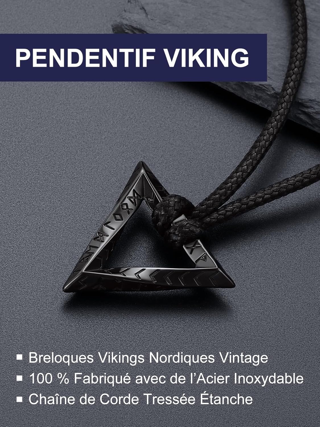 Thumbnail 3 de Bandmax Collier Rune Viking Homme Noir – Möbius Triangle Inversé avec Chaîne ajustable 46–76 cm