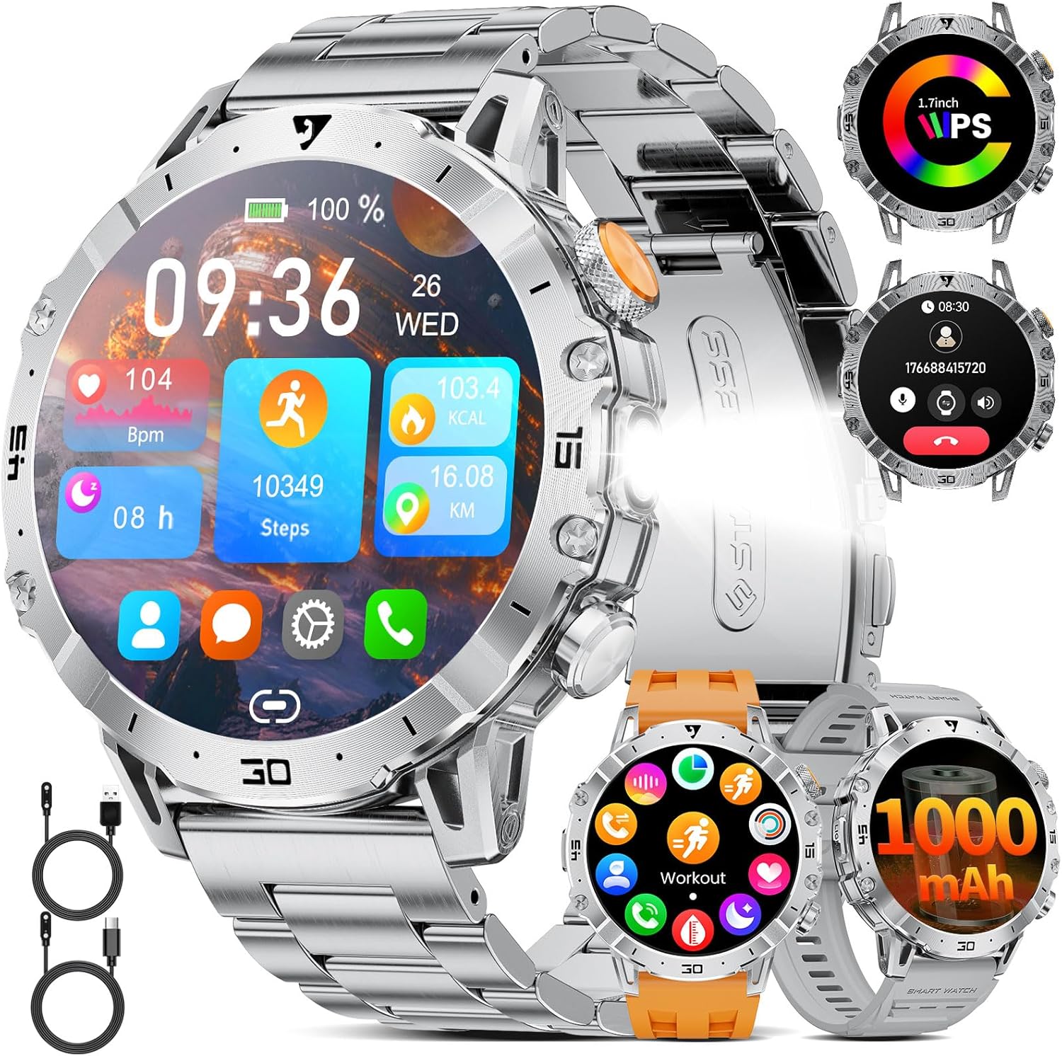 Detalle de SUNKTA Military Smart Watch for Men (1000mAh) – 1.7" HD Bluetooth Fitness Tracker with Dual Charging