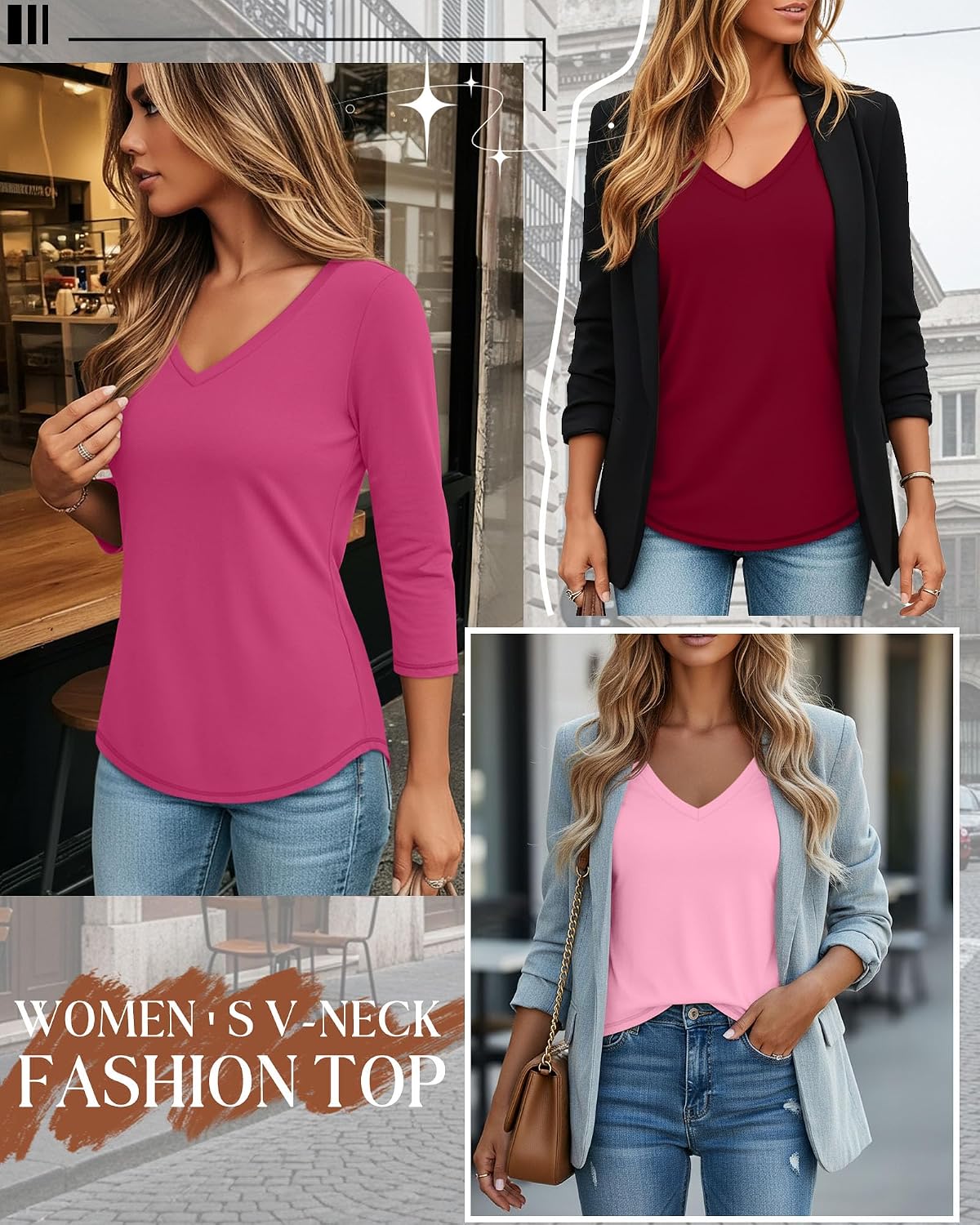 Thumbnail 1 de Ficerd 3 Pack Women's 3/4 Sleeve V-Neck T Shirts - Loose Fit Casual Tees