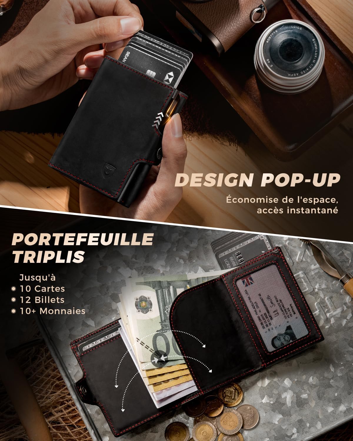 Thumbnail 2 de LORZOR Porte Carte Homme XXL en cuir véritable avec blocage RFID et porte-monnaie